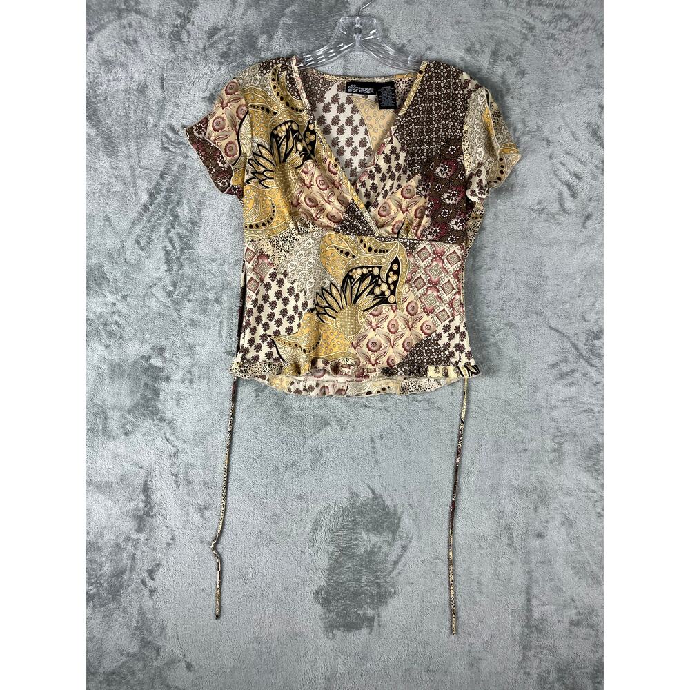 Vintage Y2K Brown Mixed Print‎ Pattern Top Large No Boundaries Fairy Cyber 2000s - Picture 8 of 14